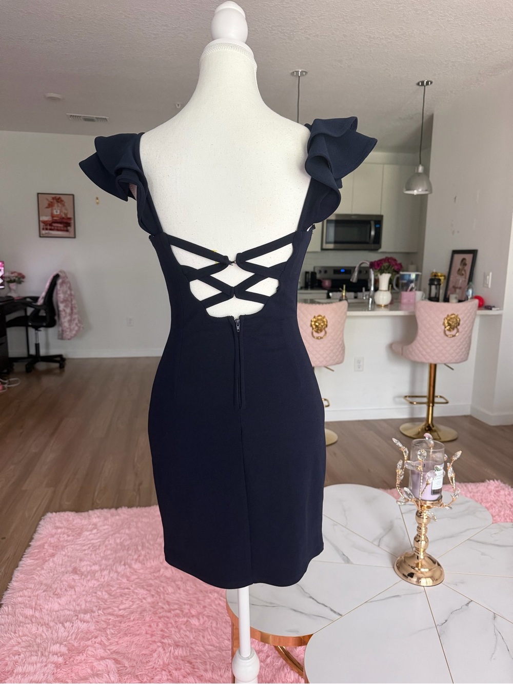 Barbiecore Women’s Navy Ruffle Sleeve Bodycon Dress with back detail